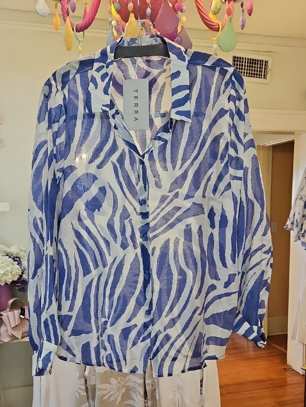 Terra Sheer Zebra-Print Button-Front Blouse in Blue and White